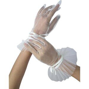 Women's Evening White Ruffles Mesh Tulle Short Gloves Wedding Party Accessory